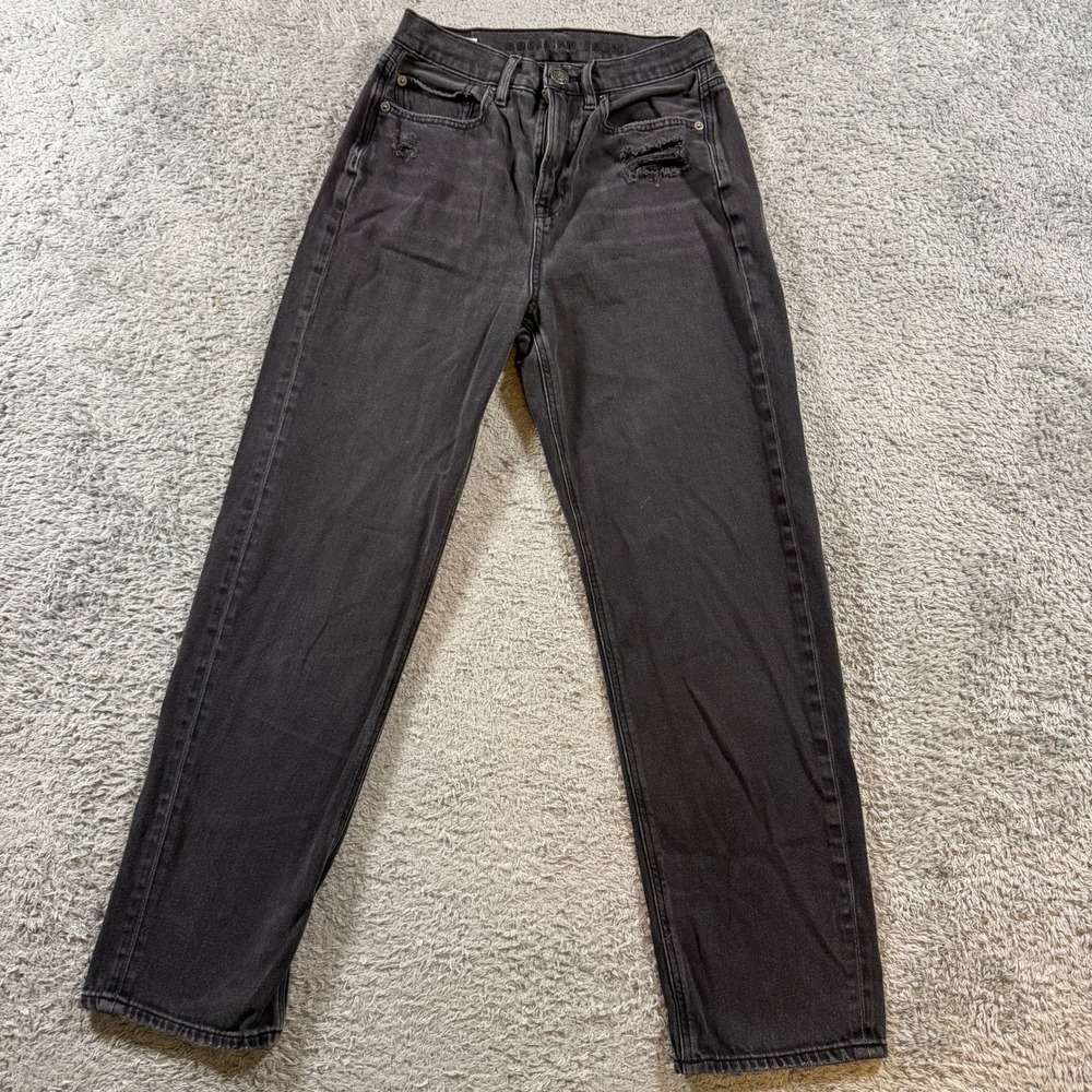 American Eagle Mom Jeans Size 4 Black Womens Distressed High Waisted Regular